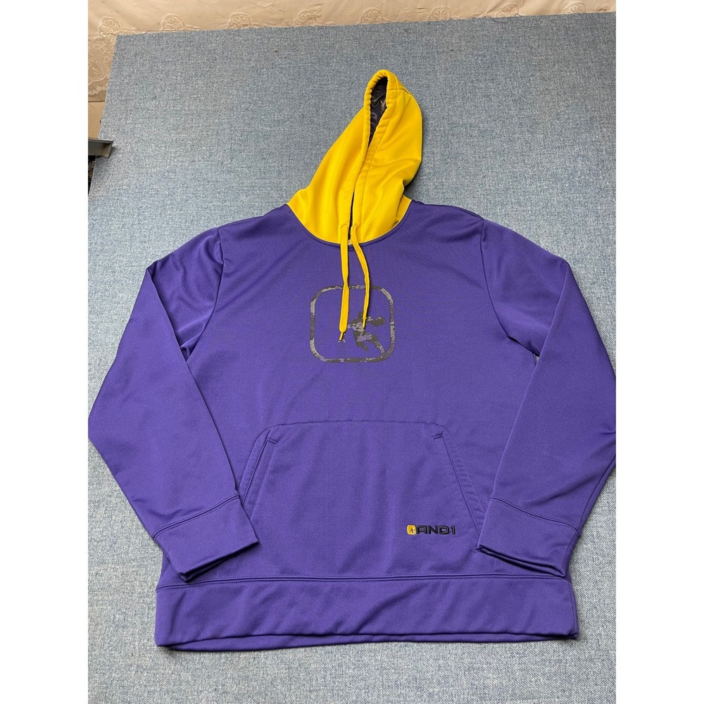AND1 Mens Purple Yellow Basketball Hoodie Fleece Pullover Large Lakers Colors
